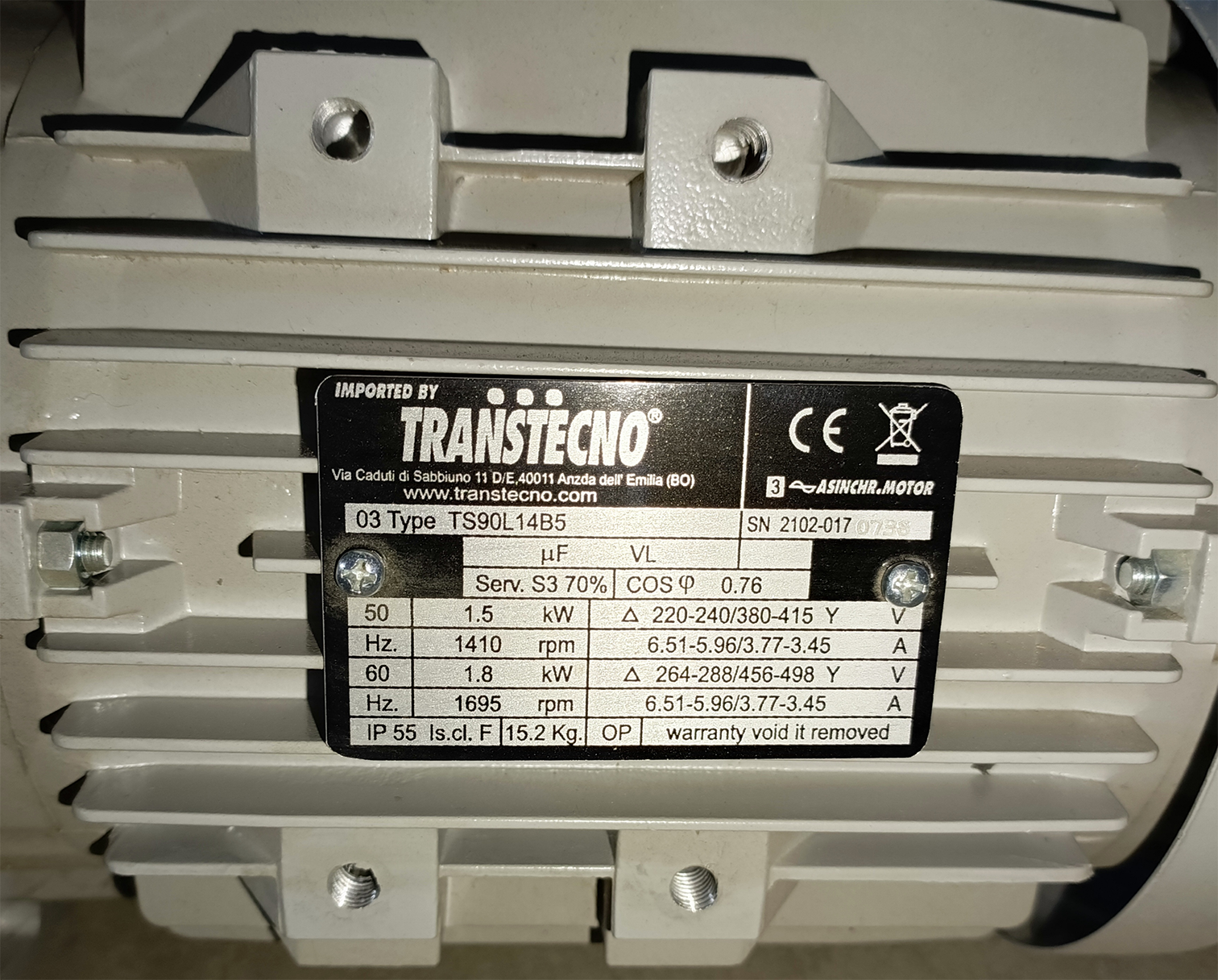 Двигатель 1,5 кВт приводной станции, 1410 об/мин, Transtecno, Италия