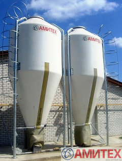 Бункер из стеклопластика 15 м3 (9т), высотой 5,98 м, Ø 2,4 м с возможностью пневмозагрузки, открытия с земли, лестницей с обручами